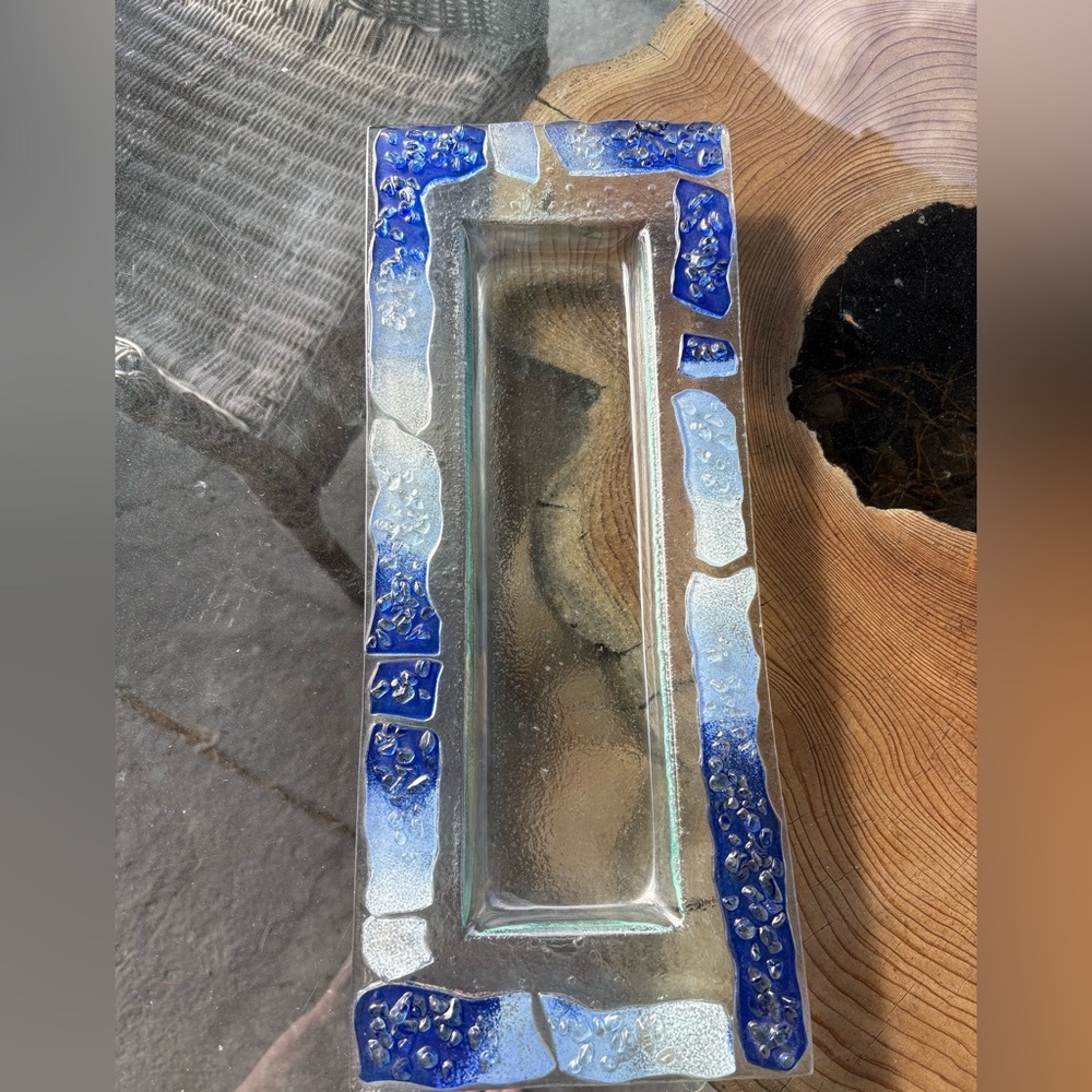 Handmade blue glass fusion long serving dish - Picture 3 of 6